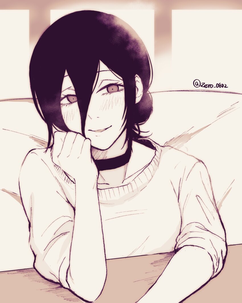 1girl chainsaw_man choker commentary_request hair_between_eyes hair_bun highres indoors looking_at_viewer madaosw medium_hair monochrome reze_(chainsaw_man) solo sweater table twitter_username window