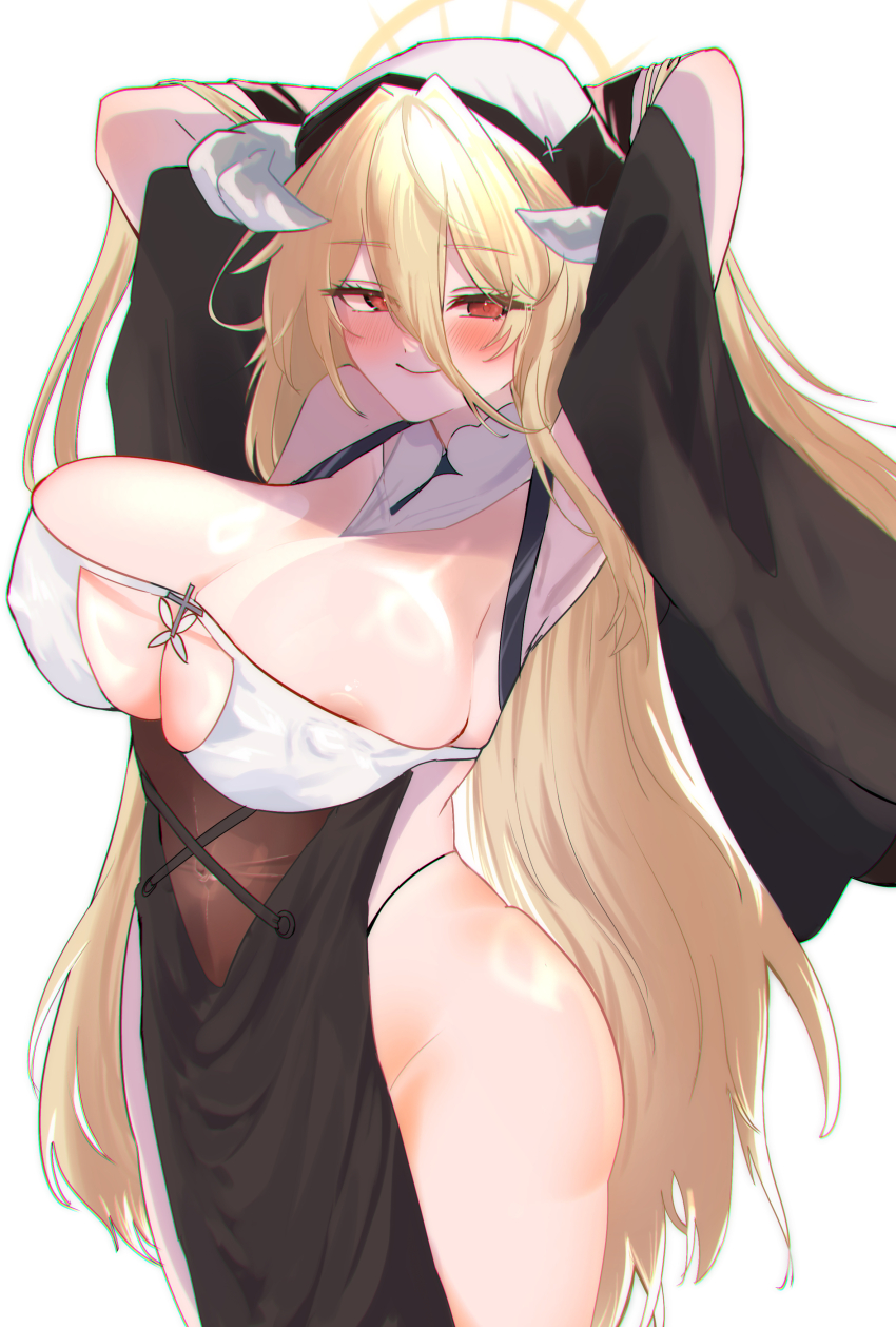 1girl absurdres areola_slip armpits arms_behind_head azur_lane blonde_hair breast_cutout breasts cleavage cleavage_cutout clothing_cutout covered_navel dress fake_horns habit hair_between_eyes halo highres horns huge_breasts implacable_(azur_lane) long_bangs long_hair_between_eyes looking_at_viewer nun pelvic_curtain revealing_clothes seductive_gaze seductive_smile smile two-tone_dress user_srrz5544 veil white_background white_horns