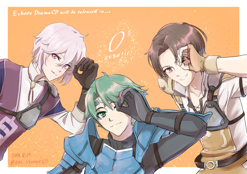 ! !! 3boys alm_(fire_emblem) aoi_(xxxaoi) armor artist_name brown_eyes brown_hair copyright_name dated fingerless_gloves fire_emblem fire_emblem_echoes:_shadows_of_valentia gloves green_eyes green_hair highres kliff_(fire_emblem) male_focus multiple_boys nintendo one_eye_closed pink_eyes sparkle teeth tobin_(fire_emblem) white_hair