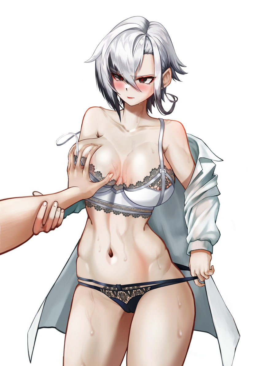 1girl 1other absurdres arlecchino_(genshin_impact) bare_shoulders black_eyes black_hair black_panties blush bra breasts breasts_apart closed_mouth commentary_request cowboy_shot genshin_impact grabbing_another&#039;s_breast groping guided_breast_grab guiding_hand hair_between_eyes highres lace lace-trimmed_bra lace_trim large_breasts lingerie long_sleeves looking_at_viewer male_hand multicolored_hair navel off_shoulder open_clothes open_shirt panties panty_pull pulling_own_clothes red_pupils shirt short_hair simple_background solo_focus strap_slip sweat symbol-shaped_pupils two-tone_hair underwear walnut_1477 white_background white_bra white_hair white_shirt x-shaped_pupils