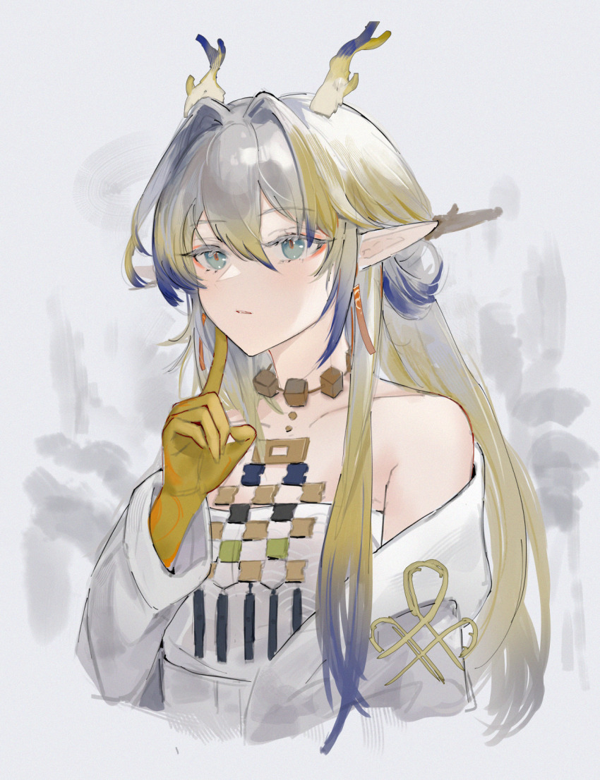 1girl arknights bare_shoulders blonde_hair blue_hair collarbone colored_extremities dragon_girl dragon_horns dress earrings finger_to_cheek gradient_hair grey_eyes grey_hair hair_between_eyes hair_intakes highres horns jacket jewelry kachi long_hair long_sleeves looking_at_viewer multicolored_hair necklace off_shoulder parted_lips pointy_ears shu_(arknights) sketch solo strapless strapless_dress streaked_hair tassel tassel_earrings white_dress white_jacket