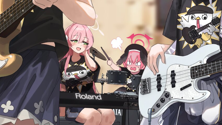 &lt;|&gt;_&lt;|&gt; 4girls absurdres azusa_(blue_archive) bass_guitar black_hat black_shirt black_shorts black_skirt blue_archive blurry blurry_background blush drum drum_set drumsticks green_eyes guitar halo hanako_(blue_archive) hashtag-only_commentary hat head_wings hifumi_(blue_archive) highres holding holding_drumsticks holding_instrument instrument keyboard_(instrument) koharu_(blue_archive) long_hair looking_at_another make-up_work_club_(blue_archive) mo_ne multiple_girls music open_mouth peroro_(blue_archive) pink_hair playing_instrument puff_of_air red_halo shirt short_sleeves shorts sitting skirt t-shirt wings