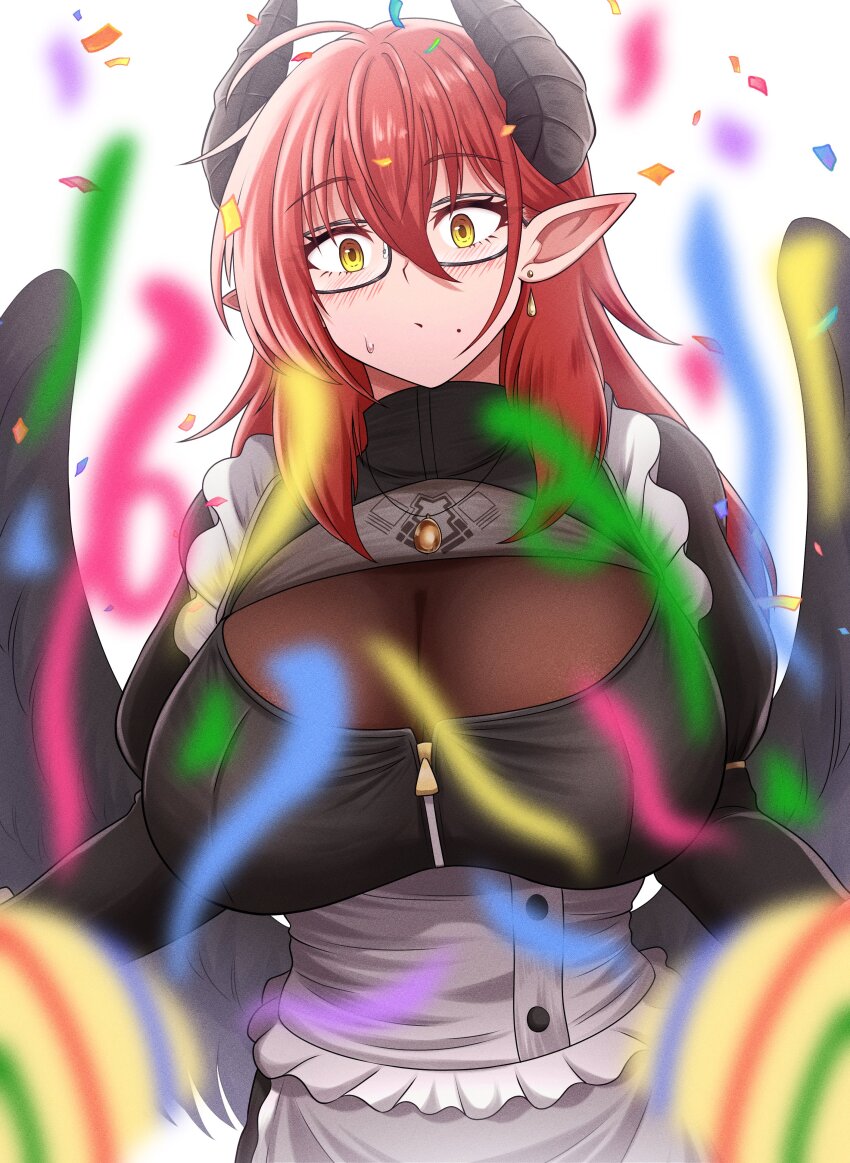 1girl absurdres ahoge apron black-framed_eyewear black_dress black_horns black_wings blurry blurry_foreground blush breast_zipper breasts cleavage closed_mouth colored_eyelashes commentary_request confetti demon_horns dress earrings eyeliner frills glasses hair_between_eyes highres horns huge_breasts isabella_(marse) jewelry juliet_sleeves kiteman442 long_sleeves maid maid_apron makeup mole mole_under_mouth necklace original party_popper pointy_ears puffy_sleeves raised_eyebrow red_eyeliner red_hair solo surprised sweatdrop upper_body white_apron wings yellow_eyes