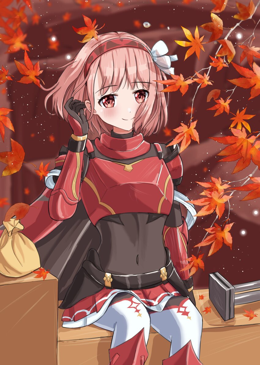 1girl absurdres armor autumn_leaves black_bodysuit blush bodysuit breasts cape closed_mouth covered_navel fire_emblem fire_emblem_engage gloves hairband highres lapis_(fire_emblem) leaf looking_at_viewer nintendo pantyhose pink_eyes pink_hair red_armor red_eyes red_hairband red_skirt ribbon short_hair sitting skirt smile solo tokuh_(toku_h_) two-tone_hairband white_pantyhose white_ribbon