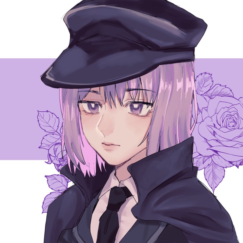 1girl akaakaakaakashio black_cape black_hat black_jacket black_necktie cape closed_mouth cookie_(touhou) expressionless flower geru_futota hat highres jacket leaf necktie peaked_cap portrait purple_eyes purple_hair remilia_scarlet rose short_hair solo touhou