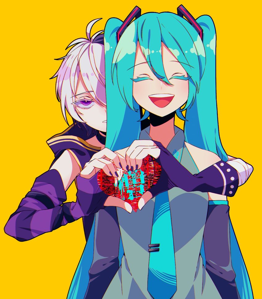 2girls aqua_hair aqua_necktie arm_warmers hug asymmetrical_sleeves bandaged_arm bandages bare_shoulders behind_another black_sleeves blouse commentary facing_viewer fingerless_gloves flower_(vocaloid) gloves grey_shirt hair_ornament half-closed_eyes hatsune_miku heart heart_hands highres jacket japanese_text kazuse616 long_hair looking_at_viewer multiple_girls nail_polish necktie purple_eyes purple_hair purple_jacket purple_nails shirt short_hair single_arm_warmer sleeveless sleeveless_jacket sleeveless_shirt translated twintails flower_(vocaloid4) very_long_hair vocaloid white_hair yellow_background