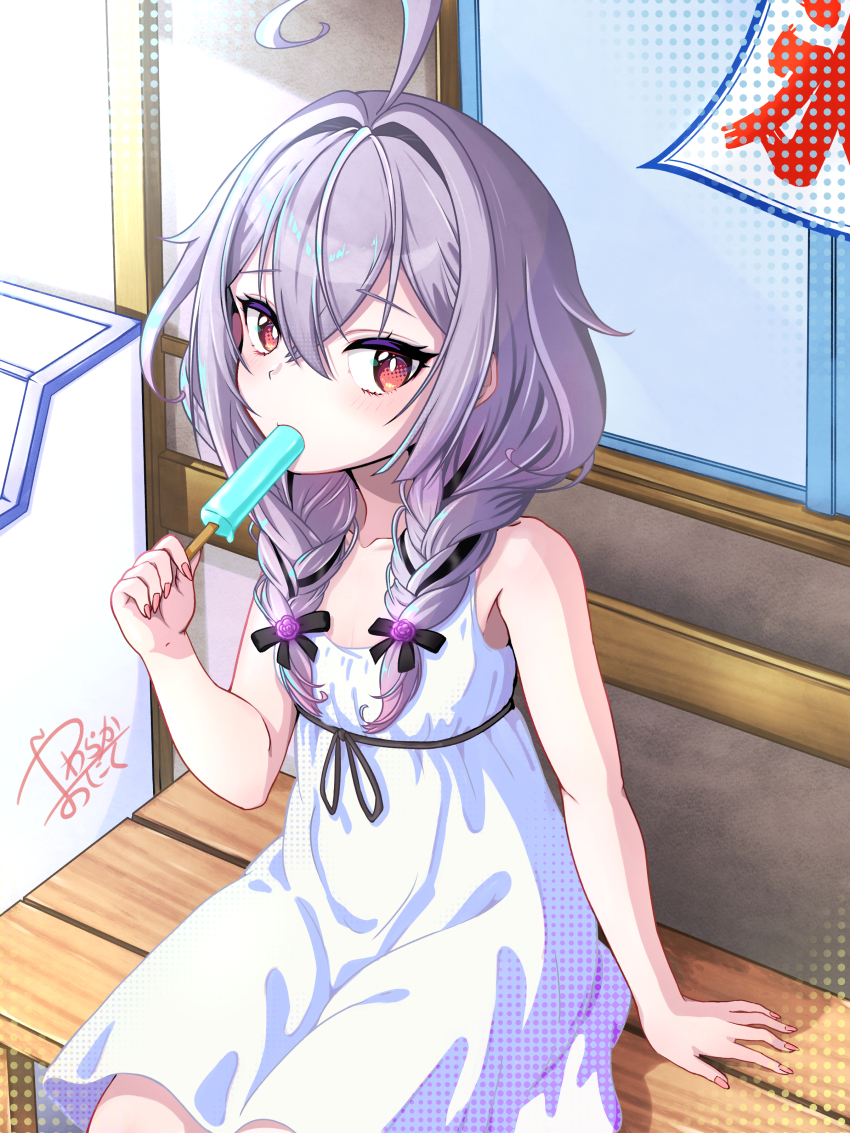 1girl absurdres ahoge alternate_costume bench blush braid breasts commentary_request cowboy_shot dress food food_in_mouth happy_birthday highres holding holding_food holding_popsicle looking_at_viewer nanashi_inc. open_mouth popsicle popsicle_in_mouth purple_hair red_eyes shisui_kiki sitting small_breasts solo sundress twin_braids virtual_youtuber white_dress yawaraka_oniku_hatto