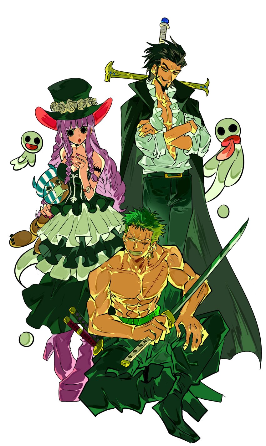 1girl 2boys absurdres beard black_eyes black_hair black_pants blunt_bangs boots braided_sidelock commentary_request crossed_arms dracule_mihawk dress drill_hair earrings facial_hair flower frilled_dress frilled_shirt frills full_body ghost green_hair haramaki hat high_heel_boots high_heels highres holding holding_sword holding_weapon japanese_clothes jewelry kimono kumacy long_hair male_focus multiple_boys one_piece pants perona pink_boots pink_hair roronoa_zoro rose scar scar_across_eye scar_on_face shirt short_hair simple_background stitched_torso stitches sword sword_on_back tongue tongue_out top_hat topless_male weapon weapon_on_back white_background white_flower white_rose xi_luo_an_ya yellow_eyes