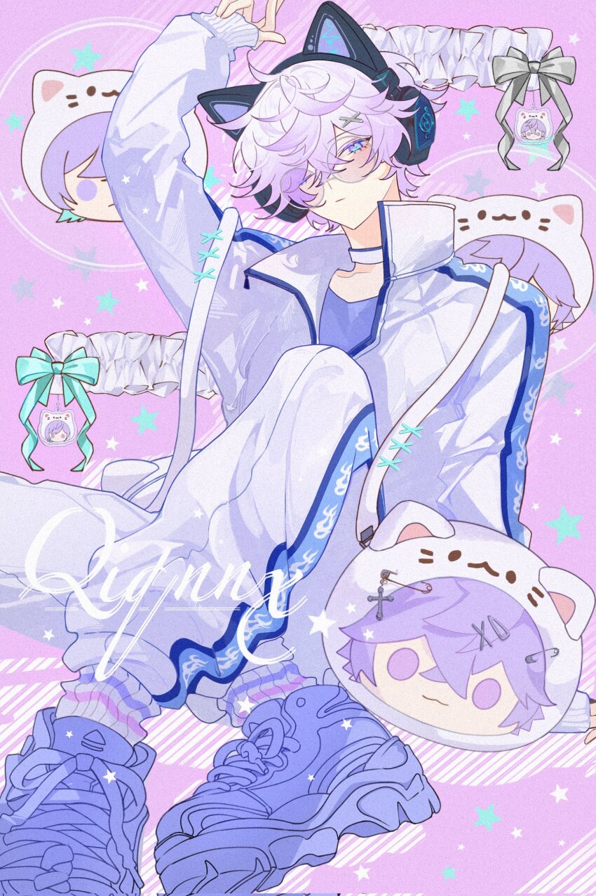 1boy androgynous animal_ear_headphones animal_ears cat_ear_headphones character_doll cozmez_(paradox_live) doll fake_animal_ears headphones highres jacket looking_at_viewer male_focus multicolored_hair one_eye_closed pants paradox_live purple_eyes purple_hair purple_jacket purple_pants purple_shirt purple_shoes purple_theme round_eyewear shirt shoes short_hair sneakers solo wu_u yatonokami_kanata yatonokami_nayuta