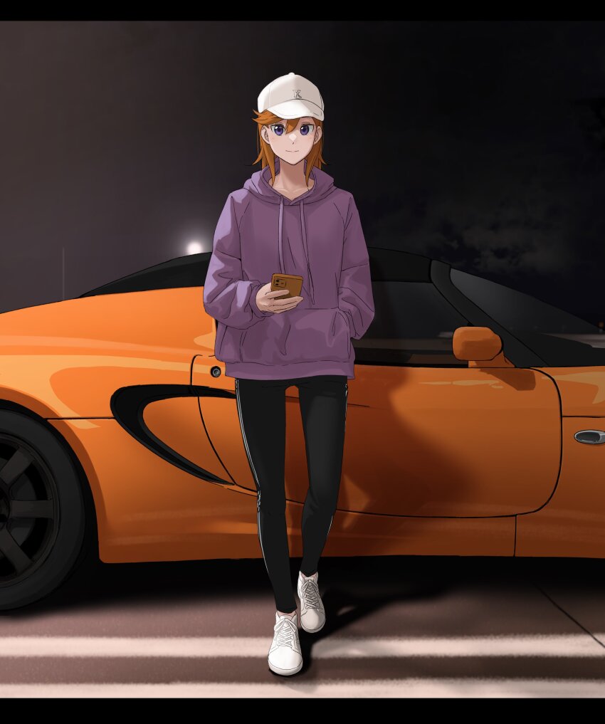 1girl absurdres black_pants car cellphone closed_mouth commentary commentary_request hair_between_eyes hand_in_pocket hat highres holding holding_phone hood hood_down hoodie looking_at_viewer lotus_(brand) lotus_elise love_live! love_live!_superstar!! motor_vehicle night orange_hair outdoors pants phone purple_eyes purple_hoodie s_sho_mkrn shadow shibuya_kanon shoes smartphone solo white_hat white_shoes