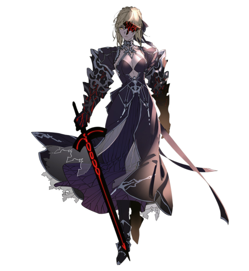 1girl armor armored armored_boots artoria_pendragon_(fate) black_bow black_dress blonde_hair boots bow braid breasts dress excalibur_morgan_(fate) eye_mask fate/grand_order fate/stay_night fate_(series) french_braid gauntlets hair_bow highres medium_breasts saber_alter solo tenobe transparent_background yellow_eyes