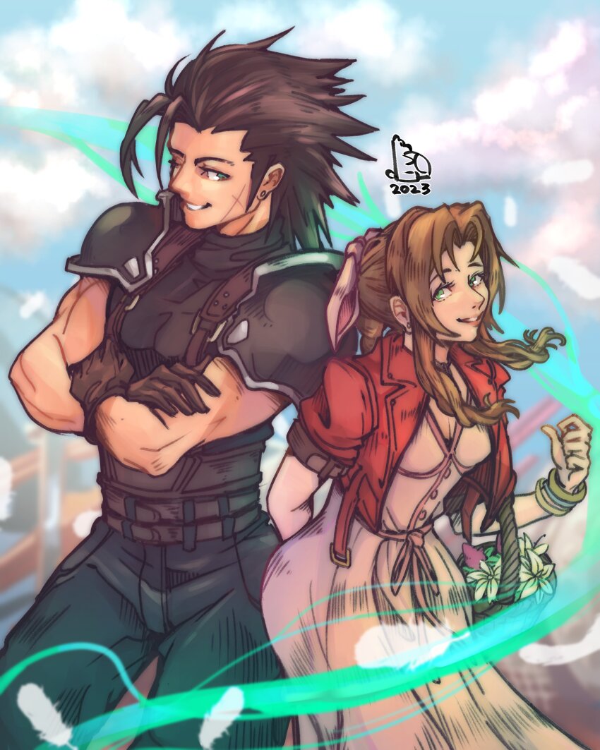 1boy 1girl 2023 absurdres aerith_gainsborough arm_behind_back armor bangle basket belt black_hair black_pants black_sweater blue_eyes blue_sky bracelet braid braided_ponytail breasts brown_gloves brown_hair cloud cloudy_sky commentary crisis_core_final_fantasy_vii cross_scar dress earrings english_commentary facial_scar falling_feathers feathers feet_out_of_frame final_fantasy final_fantasy_vii final_fantasy_vii_remake flower flower_basket gloves green_eyes hair_ribbon height_difference highres holding holding_basket jacket jewelry lifestream long_hair multiple_belts one_eye_closed open_clothes open_jacket outdoors pants parted_bangs parted_lips piccolourme pink_dress pink_ribbon ponytail red_jacket ribbon scar scar_on_cheek scar_on_face shoulder_armor sky sleeveless sleeveless_turtleneck small_breasts smile spiked_hair stud_earrings sweater turtleneck turtleneck_sweater white_feathers yellow_flower zack_fair