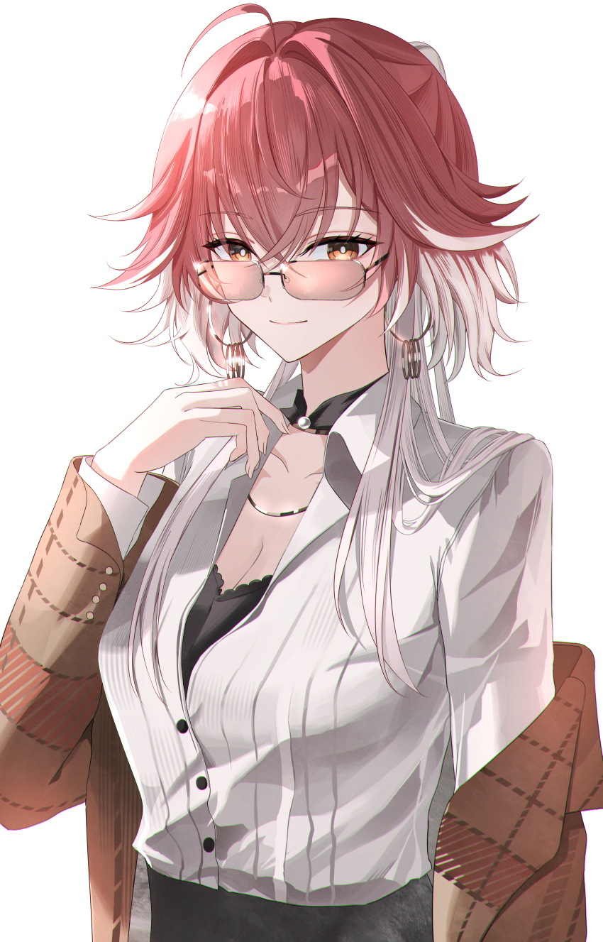 1girl absurdres bespectacled black_collar breasts bright_pupils brown_jacket changli_(wuthering_waves) cleavage closed_mouth clothes_down collar collarbone commentary earrings glasses hair_between_eyes hair_intakes hand_up highres jacket jewelry long_hair looking_at_viewer looking_over_eyewear medium_breasts multicolored_hair necklace official_alternate_costume orange_eyes pink_hair rin0_(gujrv) shirt simple_background smile solo two-tone_hair upper_body white_background white_hair white_pupils white_shirt wuthering_waves