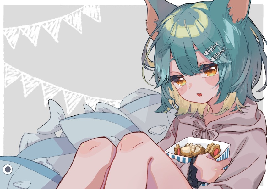 1girl :o animal_ears ayumi bad_id bad_pixiv_id blonde_hair cat_ears cat_girl cookie fang fish_hair_ornament fish-shaped_pillow fish_skeleton food green_hair hair_ornament highres hood hood_down hoodie long_sleeves looking_at_viewer multicolored_hair open_mouth orange_eyes original short_hair skin_fang two-tone_hair