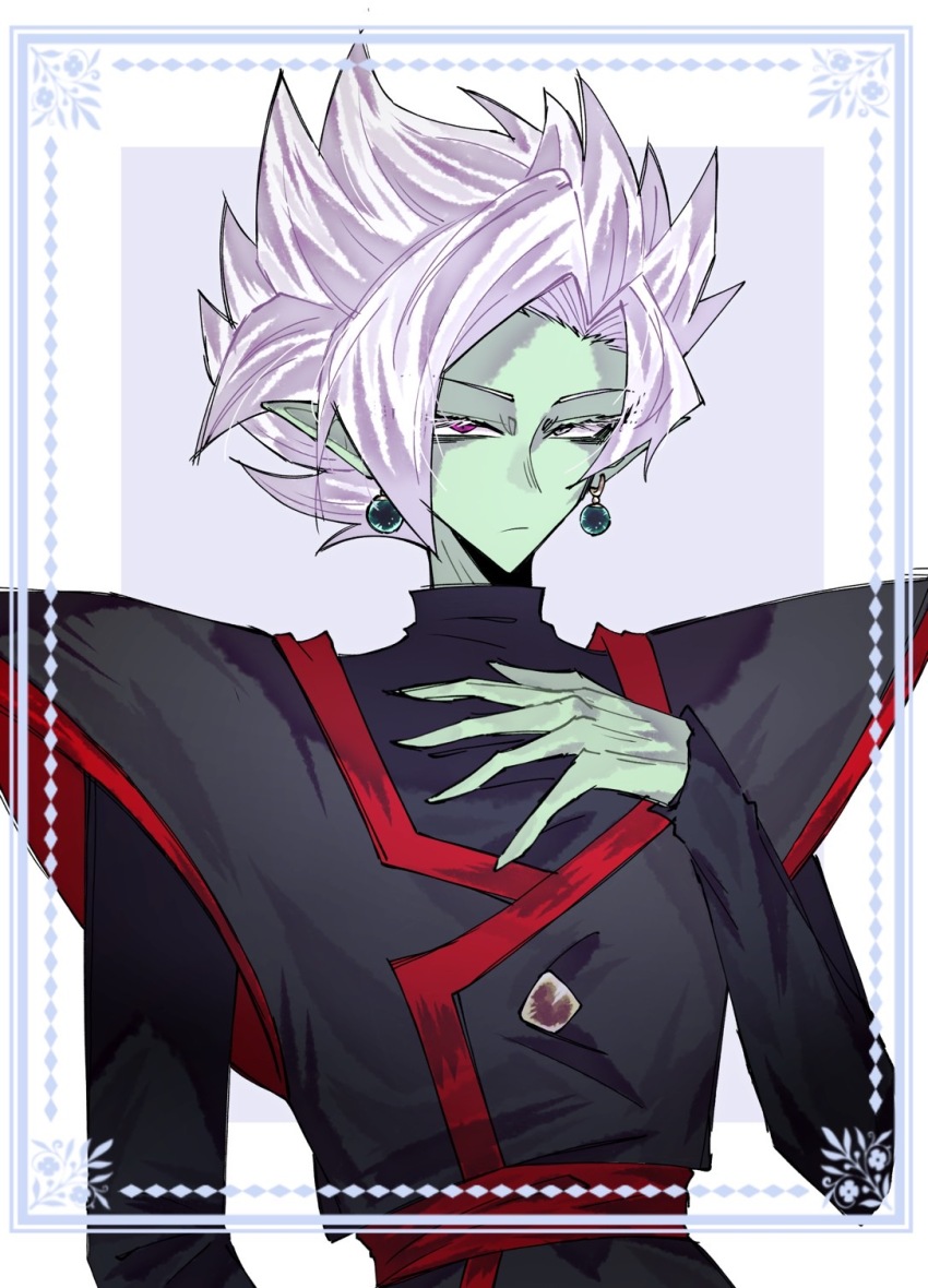 1boy black_bodysuit bodysuit colored_skin dragon_ball dragon_ball_super earrings expressionless fused_zamasu green_skin grey_eyes hand_on_own_chest heterochromia highres jewelry long_sleeves looking_at_viewer pointy_ears potara_earrings purple_eyes red_sash sash solo spiked_hair v621 white_hair