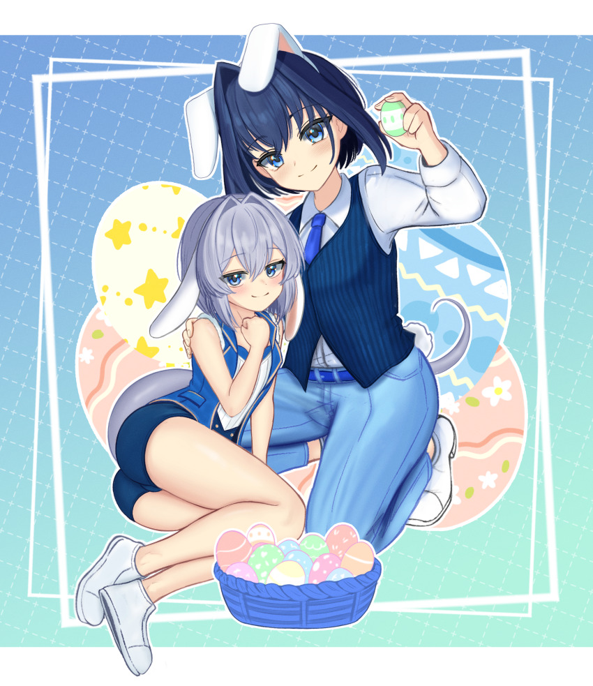 1boy 1girl absurdres animal_ears ass bare_arms bare_legs basher basket belt blue_belt blue_eyes blue_hair blue_necktie blue_pants blue_shorts blue_vest border boros_(ouro_kronii) commentary easter_egg egg english_commentary full_body grey_hair hair_intakes hand_on_another&#039;s_shoulder highres holding holding_egg hololive hololive_english light_blush looking_at_viewer necktie ouro_kronii outline outside_border pants personification rabbit_ears rabbit_tail shirt shoes short_hair short_shorts shorts sleeveless smile snake_boy snake_tail tail vest virtual_youtuber white_border white_outline white_shirt white_shoes