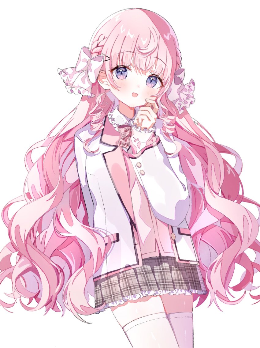 1girl :d absurdres arm_behind_back blazer blush bow bowtie braid brown_skirt cardigan collared_shirt frilled_skirt frills hair_bow hair_ornament hairclip hand_up highres himeno_aimu indie_virtual_youtuber jacket long_hair long_sleeves looking_at_viewer open_clothes open_jacket open_mouth pink_bow pink_cardigan pink_hair plaid_bow plaid_bowtie plaid_clothes plaid_skirt pleated_skirt purple_eyes school_uniform shirt simple_background skirt smile solo thighhighs tobun_sub very_long_hair virtual_youtuber wavy_hair white_background white_jacket white_shirt white_thighhighs