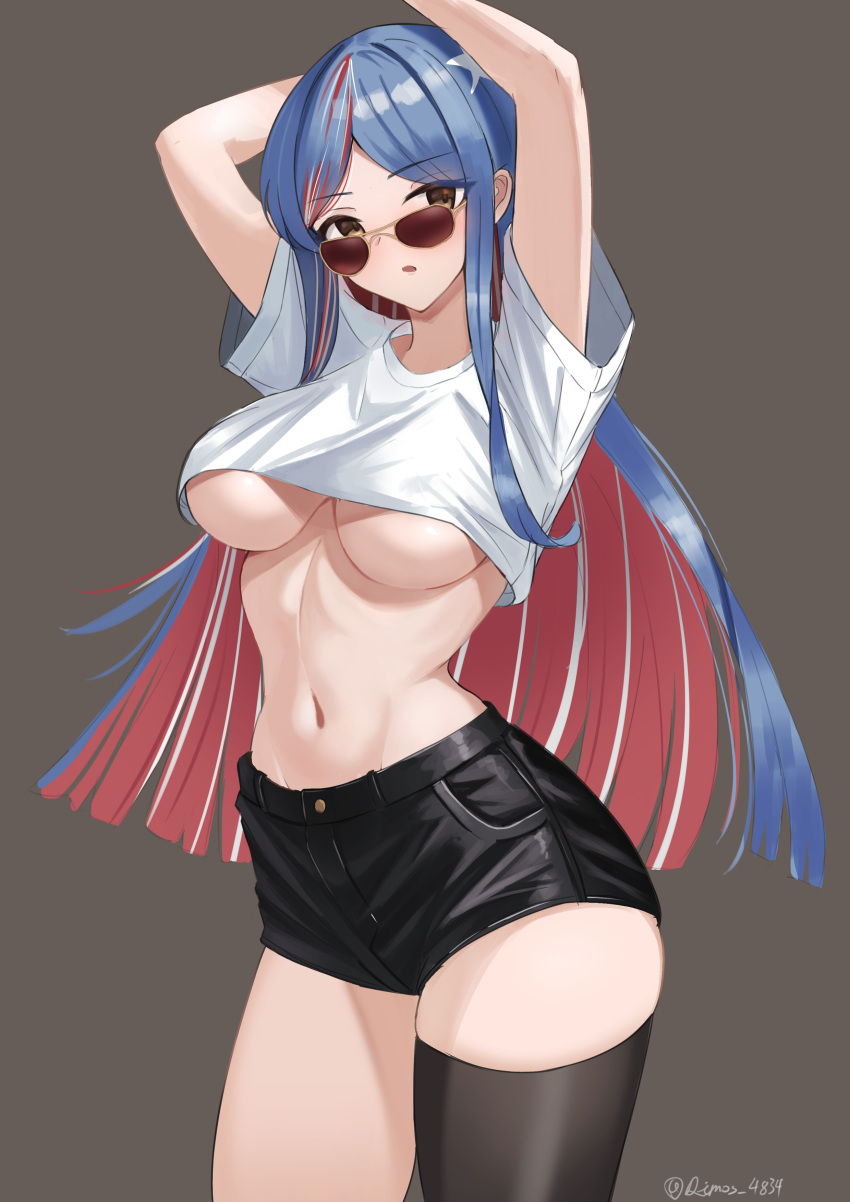 1girl absurdres arms_up black_shorts black_thighhighs blue_hair blunt_ends breasts brown_eyes commentary cropped_shirt dimos_(dawn_1945) highres kantai_collection large_breasts long_hair looking_at_viewer multicolored_hair navel open_mouth red_hair shirt short_shorts short_sleeves shorts simple_background single_thighhigh solo south_dakota_(kancolle) star_(symbol) sunglasses thighhighs twitter_username underboob very_long_hair white_hair white_shirt