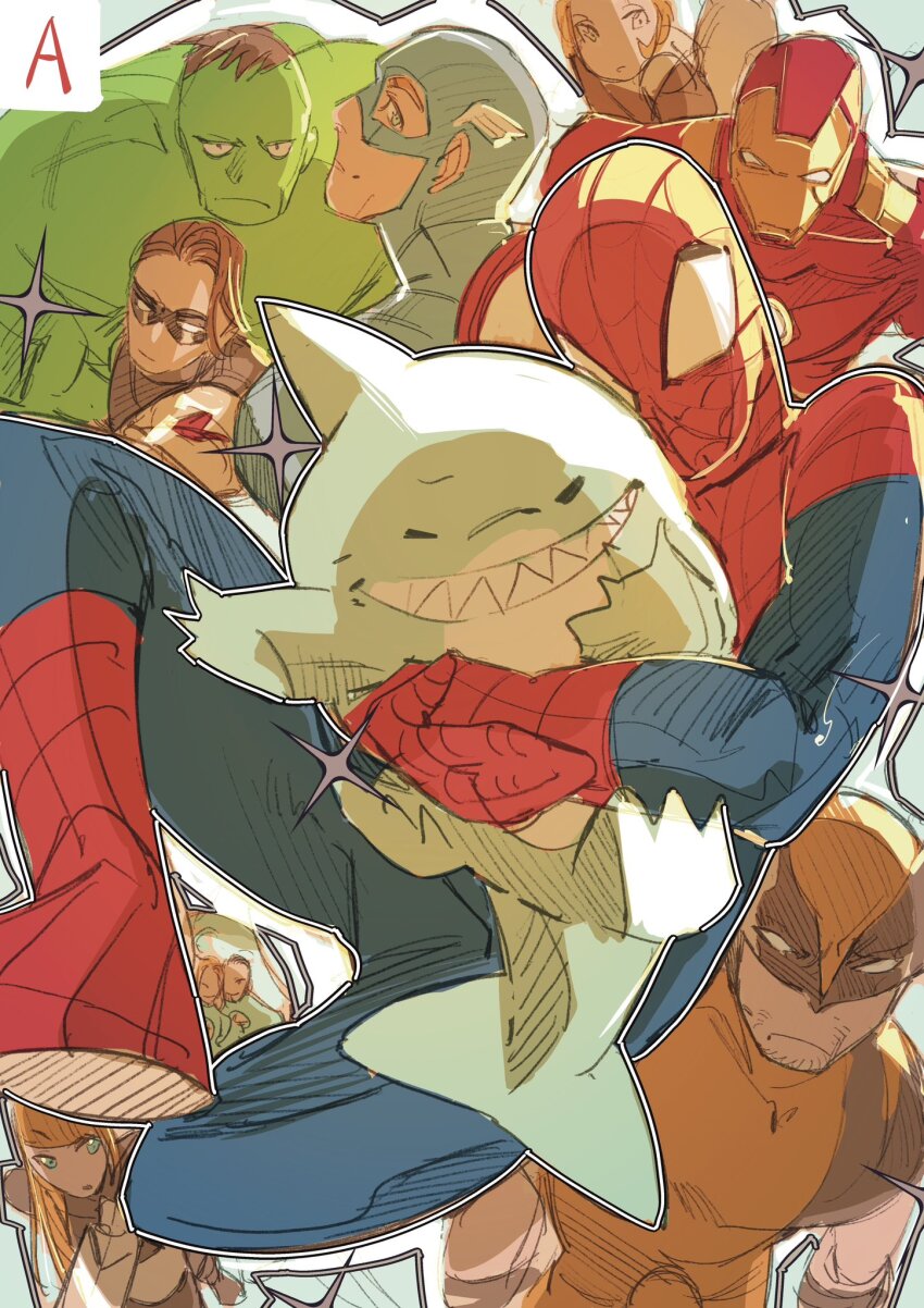 3girls 6+boys animification arc_reactor armor avengers_(series) black_bodysuit black_gloves black_hair black_jacket black_mask black_shirt blonde_hair blue_bodysuit blue_eyes bodysuit brown_hair brown_jacket bucky_barnes captain_america closed_eyes closed_mouth colored_skin eye_mask fantastic_four fins fish_tail full_armor fur-trimmed_jacket fur_trim gloves green_skin helmet highres hime_cut hug hulk iron_man jacket jeff_(marvel) long_hair magik_(x-men) marvel marvel_rivals midriff multicolored_armor multiple_boys multiple_girls number_print open_mouth orange_hair power_armor prosthesis prosthetic_arm purple_eyes red_armor red_bodysuit reed_richards shark shark_tail sharp_teeth shirt short_hair smile sparkle spider-man spider-man_(series) spider_web_print squirrel_girl squirrel_girl_(marvel) squirrel_tail star_(symbol) steve_rogers sue_storm superhero_costume tail teeth tokitokororo two-tone_bodysuit white_bodysuit winter_soldier wolverine_(x-men) x-men yellow_armor yellow_bodysuit