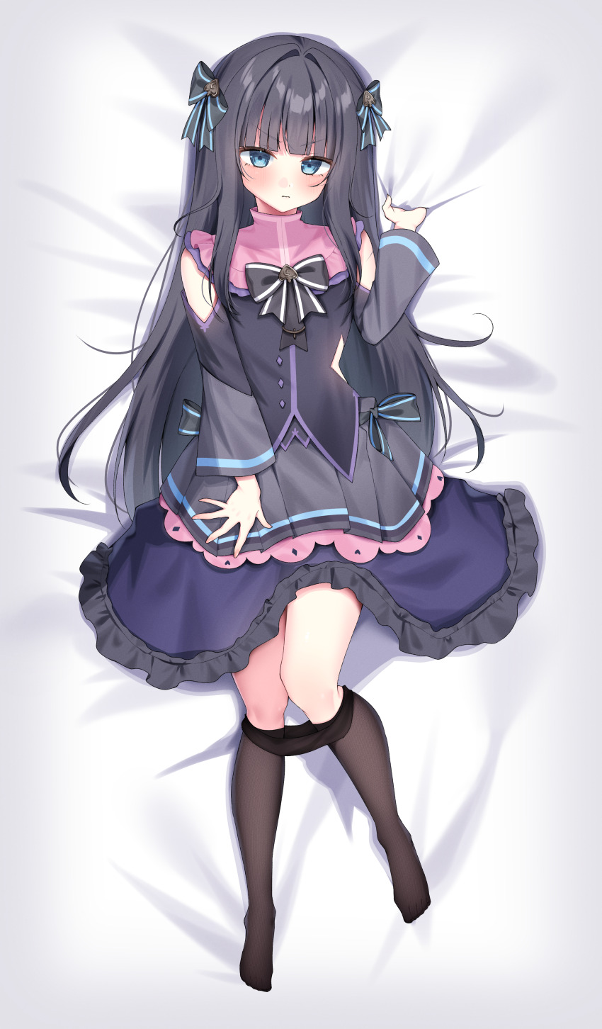 1girl absurdres arcaea bare_shoulders black_bow black_hair black_pantyhose black_shirt black_skirt black_sleeves blue_eyes bow breasts closed_mouth clothes_pull detached_sleeves disgust frilled_skirt frills full_body hair_bow highres long_hair looking_at_viewer mayoyoriketyaha medium_breasts pantyhose pantyhose_pull shirt simple_background skirt sleeveless sleeveless_shirt solo tairitsu_(arcaea) thighhighs white_background zettai_ryouiki
