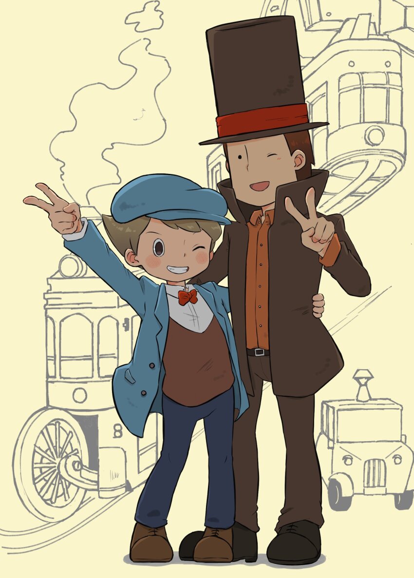 2boys arm_up belt black_eyes blue_headwear blue_jacket blush bow bowtie brown_belt brown_footwear brown_hair brown_headwear brown_jacket brown_pants newsboy_cap car collared_shirt commentary_request full_body grin hand_on_another&#039;s_waist hand_up hat hershel_layton high_collar highres jacket kiwami_(kiwamimuneko) long_sleeves looking_at_viewer luke_triton male_focus motor_vehicle multiple_boys one_eye_closed open_clothes open_jacket open_mouth orange_shirt pants professor_layton red_bow red_bowtie shirt shoes short_hair smile standing teeth top_hat train v white_shirt