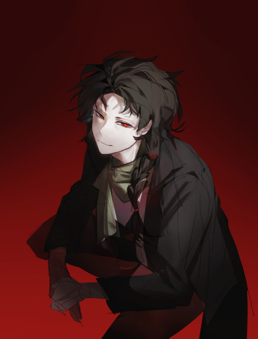 1boy black_coat braid brown_hair brown_pants closed_mouth coat commentary gradient_background green_scarf grey_shirt harada_minoru heibaihuabing highres long_hair long_sleeves male_focus open_clothes open_coat own_hands_together pants red_background red_eyes saibou_shinkyoku scar scar_on_face scar_on_forehead scarf shirt side_braid simple_background single_braid smile solo symbol-only_commentary