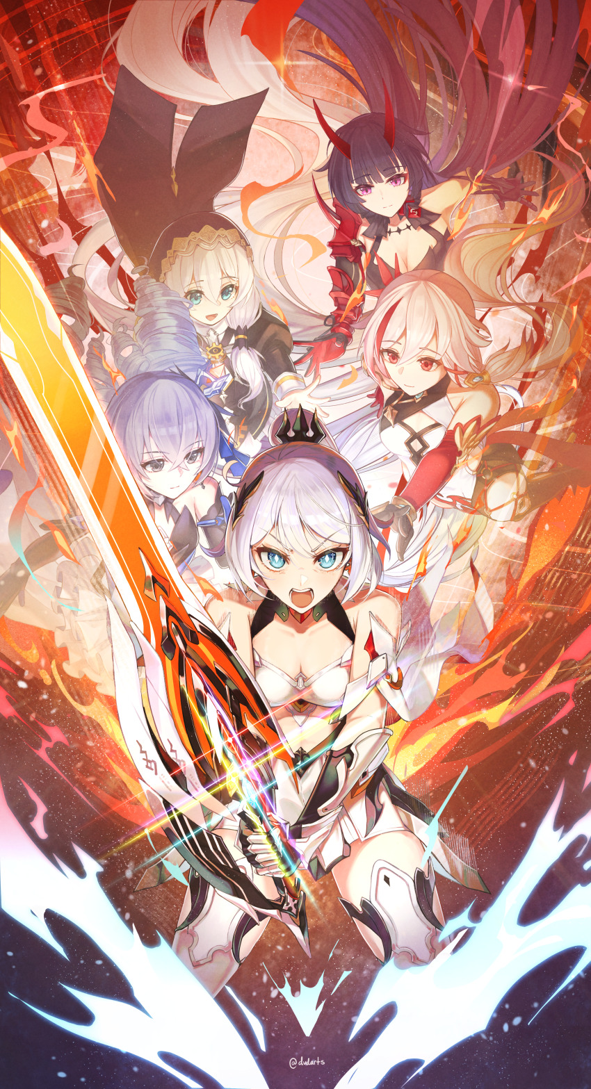 5girls absurdres bare_shoulders blue_eyes breasts bright_pupils bronya_zaychik bronya_zaychik_(herrscher_of_reason) cleavage closed_mouth commentary dvdarts english_commentary fu_hua fu_hua_(phoenix) gauntlets grey_eyes grey_hair hair_ornament highres holding holding_sword holding_weapon honkai_(series) honkai_impact_3rd horns kiana_kaslana kiana_kaslana_(herrscher_of_finality) long_hair looking_at_another medium_breasts multicolored_hair multiple_girls nun open_mouth purple_eyes purple_hair raiden_mei raiden_mei_(herrscher_of_thunder) reaching reaching_towards_another red_eyes red_horns streaked_hair sword theresa_apocalypse theresa_apocalypse_(valkyrie_pledge) thighs twitter_username v-shaped_eyebrows very_long_hair weapon white_hair white_pupils