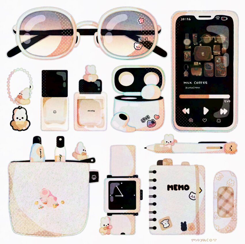 airpods artist_name bandaid bottle cellphone cellphone_charm charm_(object) commentary cosmetics creature earbuds earphones english_commentary english_text highres moyaco nail_polish_bottle no_humans notebook original pen perfume_(cosmetics) perfume_bottle phone pouch signature simple_background smartphone solid_circle_eyes solid_eyes sunglasses watch white_background white_theme wireless_earphones wristwatch
