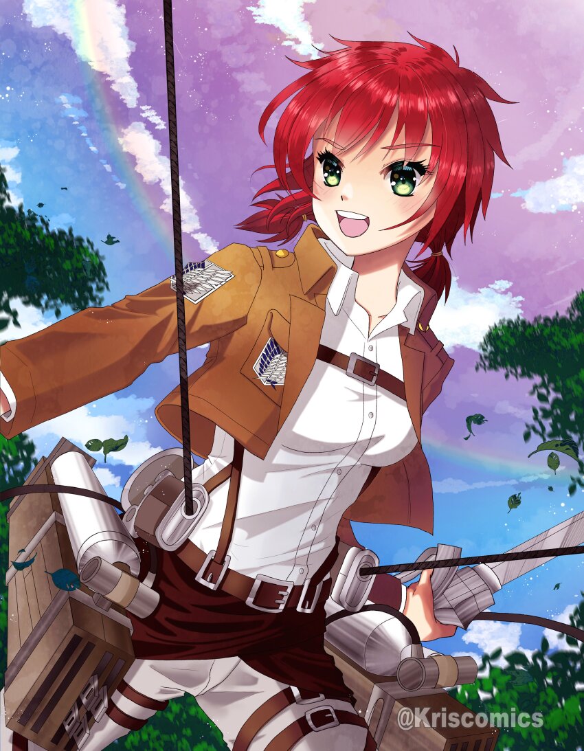 1girl absurdres belt blue_sky breasts brown_belt brown_jacket chest_harness cloud collared_shirt commentary cowboy_shot day dress_shirt english_commentary falling_leaves green_eyes grey_pants harness highres holding holding_sword holding_weapon isabel_magnolia jacket kristen_mcguire kristen_mcguire_(artist) leaf looking_to_the_side low_twintails medium_breasts medium_hair open_clothes open_jacket open_mouth outdoors pants paradis_military_uniform red_hair shingeki_no_kyojin shirt sky solo survey_corps_(emblem) sword teeth thigh_strap three-dimensional_maneuver_gear twintails twitter_username upper_teeth_only weapon white_shirt
