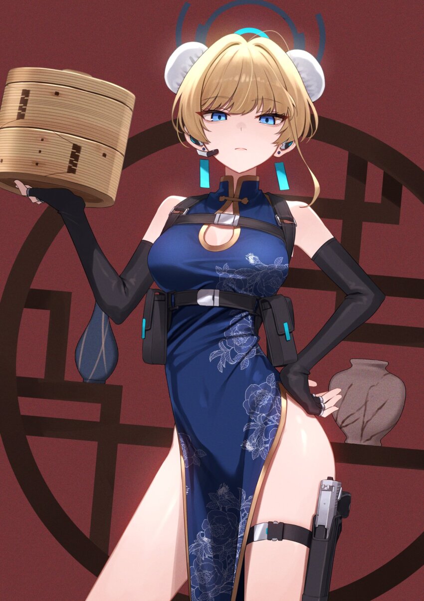 1girl alternate_costume bamboo_steamer black_gloves blonde_hair blue_archive blue_dress blue_eyes blue_halo breasts bun_cover china_dress chinese_clothes closed_mouth cowboy_shot dress earpiece elbow_gloves fingerless_gloves gloves greenkohgen gun h&amp;k_usp halo highres looking_at_viewer medium_breasts pouch short_hair sleeveless sleeveless_dress solo thigh_pouch toki_(blue_archive) weapon