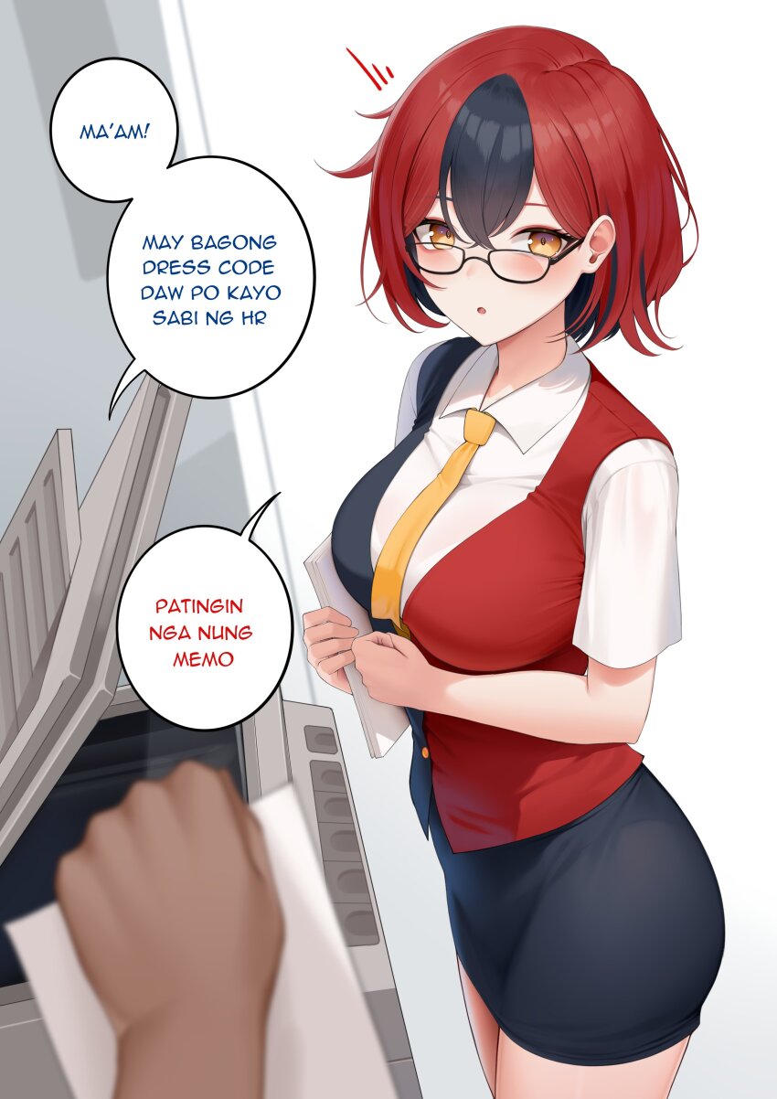1girl absurdres black_hair black_skirt breasts collared_shirt colored_inner_hair glasses highres holding holding_paper indie_virtual_youtuber multicolored_hair necktie office_lady paper pencil_skirt red_hair shirt short_hair skirt speech_bubble swivelle_(vtuber) translation_request two-tone_hair vaughnilla virtual_youtuber white_shirt yellow_eyes yellow_necktie