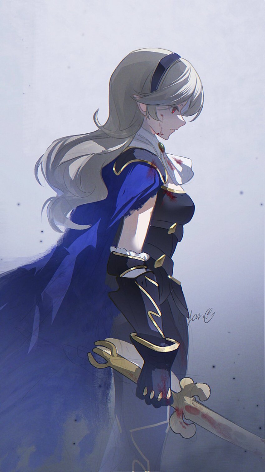 1girl armor ascot black_armor black_gloves black_hairband blood blood_on_face blood_on_hands blue_cape cape closed_mouth female_corrin_(fire_emblem) female_corrin_(nohr_noble)_(fire_emblem) fire_emblem fire_emblem_fates fire_emblem_heroes gauntlets gloves grey_hair hairband hashtag-only_commentary highres holding holding_sword holding_weapon long_hair nintendo official_alternate_costume pointy_ears profile solo sword weapon white_ascot yato_(fire_emblem) yun_(dl2n5c7kbh8ihcx)