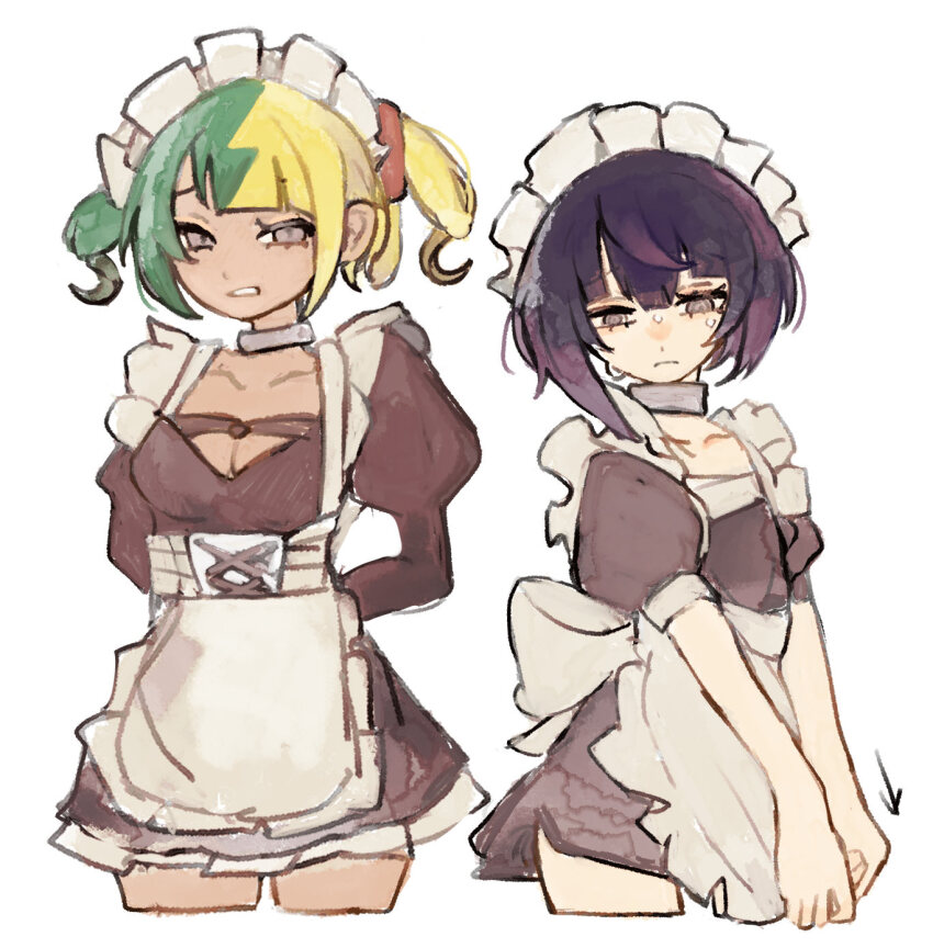 alternate_costume apron black_dress black_hair blonde_hair canari_(pokemon) chamopichamo dark-skinned_female dark_skin dress gradient_hair green_hair gwynn_(pokemon) highres juliet_sleeves long_sleeves maid maid_apron maid_headdress multicolored_hair nintendo pokemon pokemon_legends:_z-a puffy_short_sleeves puffy_sleeves purple_hair short_hair short_sleeves split-color_hair sweat twintails two-tone_hair white_background