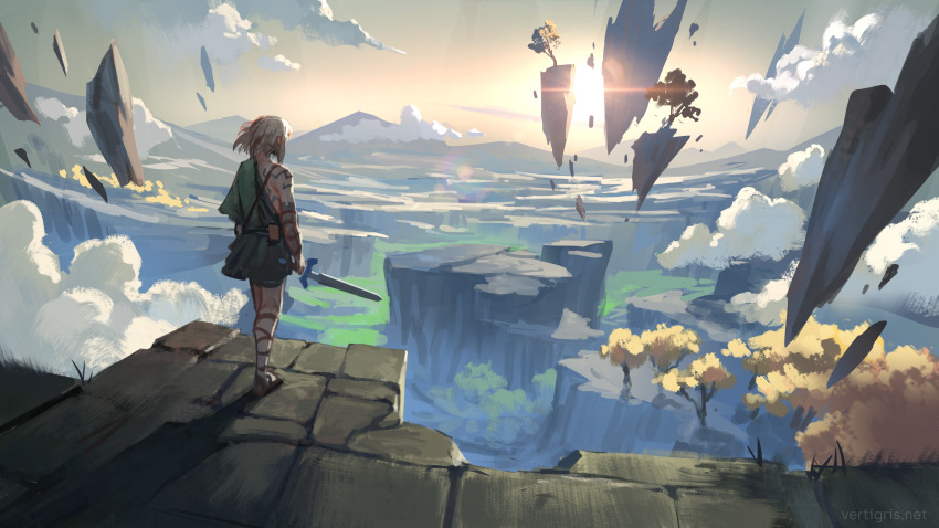 1boy above_clouds absurdres archaic_set_(zelda) arms_at_sides artist_name back belt body_markings cloud commentary day english_commentary floating_island from_behind green_robe green_tunic highres holding holding_sword holding_weapon landscape ledge link long_shirt long_sidelocks looking_afar master_sword medium_hair mountainous_horizon nintendo non-circular_lens_flare official_alternate_costume outdoors plateau prosthesis prosthetic_arm robe sandals shadow sidelocks single_bare_shoulder single_off_shoulder sky solo stone_floor sun sunlight sword the_legend_of_zelda the_legend_of_zelda:_tears_of_the_kingdom tunic vertigris watermark weapon white_hair