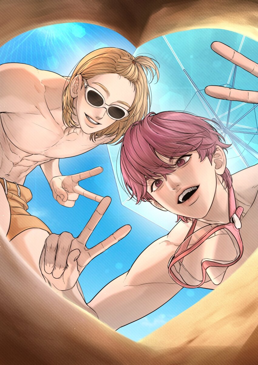 2boys abs an_sso_o bamby_(plave) bangs_pinned_back blonde_hair blue_sky double_v goggles goggles_around_neck hair_between_eyes highres k-pop korean_commentary light_rays male_focus medium_hair multiple_boys noah_(plave) open_mouth parted_lips pink_hair plave shorts sky smile sunglasses teeth topless_male transparent transparent_umbrella umbrella upper_teeth_only v yellow_shorts
