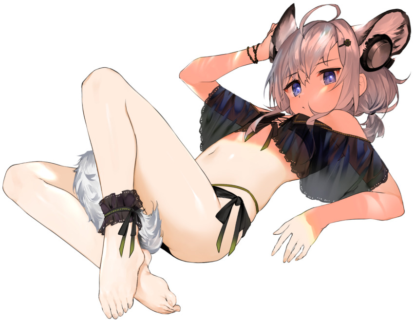 024th 1girl ahoge animal_ears ankle_cuffs arknights arm_up bare_legs bare_shoulders barefoot bikini black_bikini blue_eyes bracelet closed_mouth commentary extra_ears feet fox_ears fox_girl fox_tail full_body hair_between_eyes headphones jewelry long_hair looking_at_viewer lying navel off_shoulder official_alternate_costume on_back side-tie_bikini_bottom silver_hair simple_background solo stomach sussurro_(arknights) sussurro_(summer_flower)_(arknights) swimsuit tail toes white_background