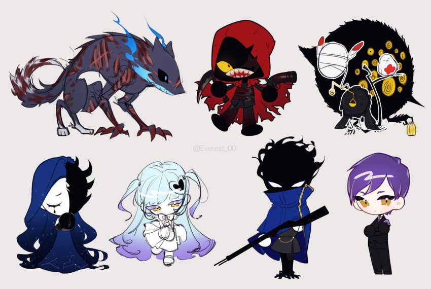 2boys 3girls big_and_will_be_bad_wolf big_bird_(project_moon) bird black_gloves black_jacket blue_cape blue_hair cape closed_eyes colored_sclera der_freischuetz_(project_moon) dress everest_00 gloves hands_up hood hooded_cape jacket judgement_bird knight_of_despair little_red_riding_hooded_mercenary lobotomy_corporation long_hair multiple_boys multiple_girls own_hands_clasped own_hands_together project_moon punishing_bird purple_hair queen_of_hatred red_cape red_eyes simple_background two_side_up very_long_hair white_background white_dress wolf yellow_eyes yellow_sclera yesod_(project_moon)