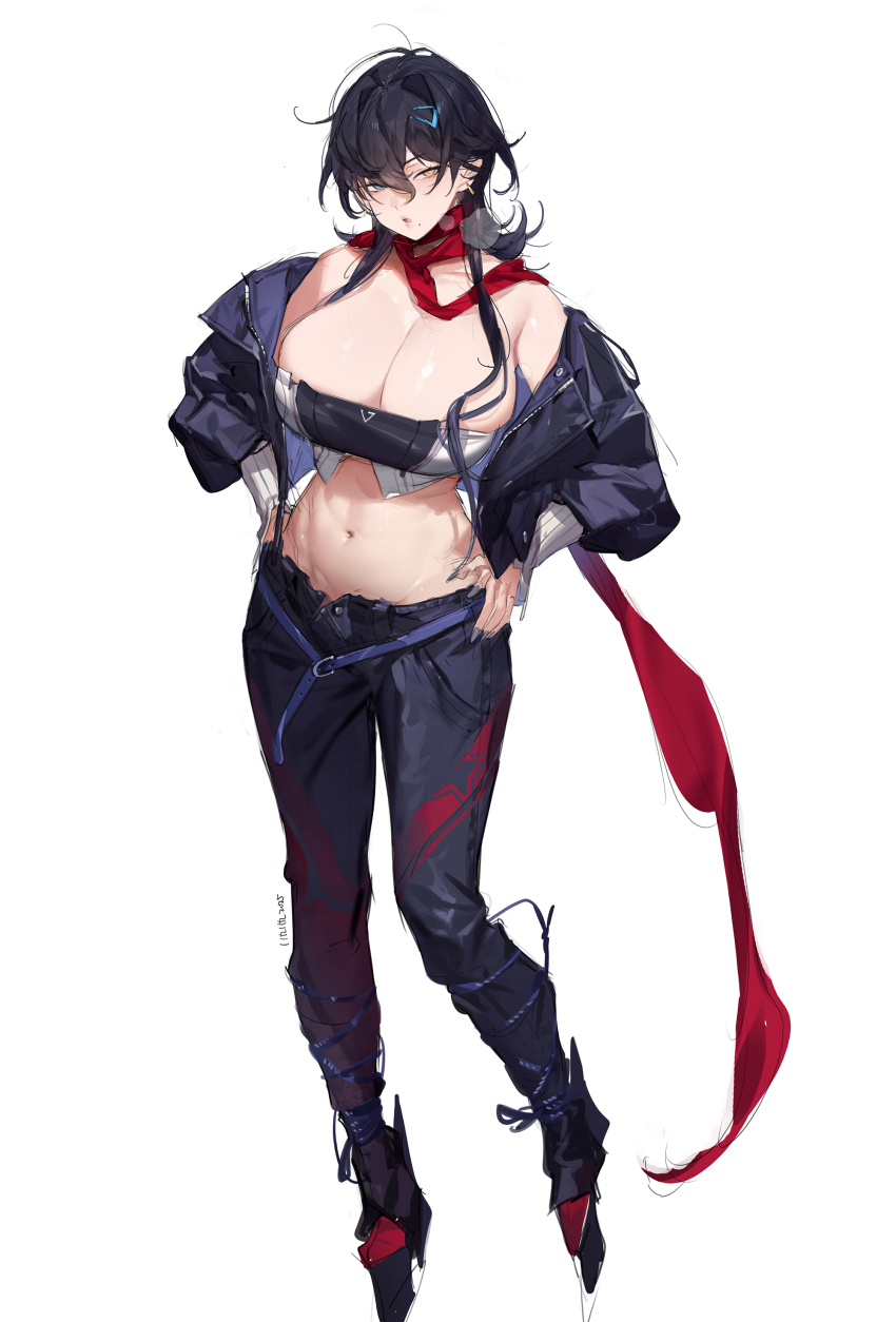 1girl absurdres azur_lane bare_shoulders belt black_hair blue_belt blue_eyes blue_pants breasts cleavage commentary earrings full_body gebijiade_89 georgia_(azur_lane) hair_ornament hairclip hand_on_own_hip heterochromia high_heels highres jewelry large_breasts long_hair mole mole_under_mouth nail_polish navel off_shoulder open_mouth pants red_scarf scarf strapless tube_top white_background yellow_eyes