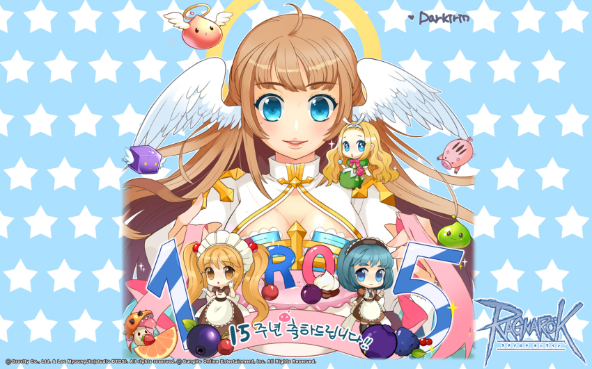 4girls :3 alty_(ragnarok_online) angeling anniversary apron arch_bishop_(ragnarok_online) blackberry_(fruit) blonde_hair blue_background blue_dress blue_eyes blue_hair blueberry blush breasts brown_dress brown_hair brown_necktie character_request chibi cleavage cleavage_cutout closed_mouth clothing_cutout copyright_notice creature cross curly_sue darkirin dress feathered_wings food frilled_apron frills fruit gloves green_dress hair_bobbles hair_ornament halo head_wings highres kafra_uniform logo long_hair long_sleeves looking_at_viewer maid maid_headdress medium_breasts multiple_girls mushroom necktie official_art official_wallpaper open_mouth orange_(fruit) orange_slice piglet poporing puffy_short_sleeves puffy_sleeves ragnarok_online savage_babe short_sleeves skeggiold_(ragnarok_online) slime_(creature) smile spore_(ragnarok_online) star_(symbol) star_symbol_background traditional_halo twintails two-tone_dress upper_body wavy_hair white_apron white_dress white_gloves white_wings wings yellow_halo