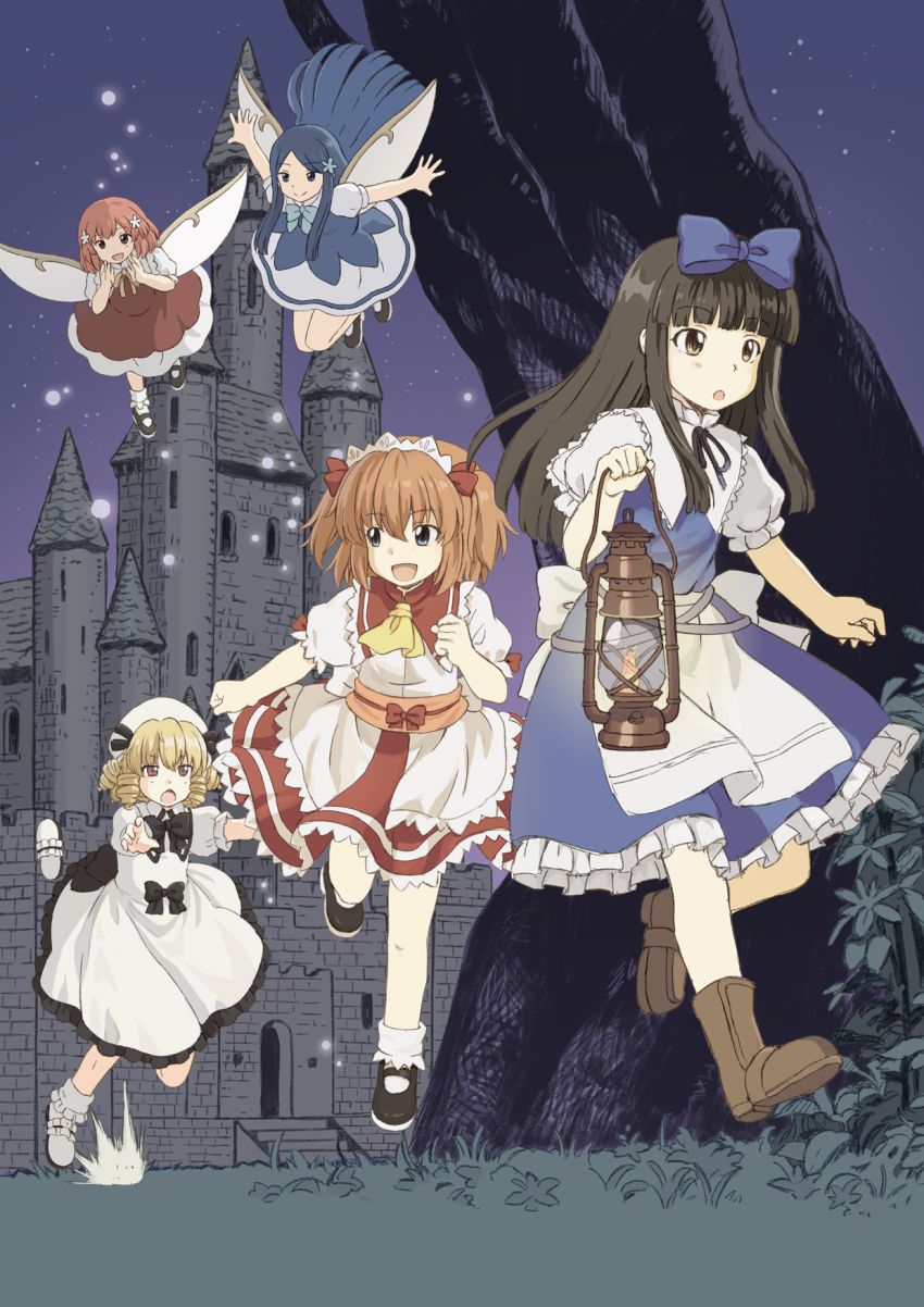 5girls :d :o black_hair blonde_hair blue_bow blue_dress blue_hair bow castle daiyousei_mob_(touhou) dress drill_hair fairy fairy_wings hair_bow highres lantern long_hair luna_child mary_janes multiple_girls night no_wings open_mouth orange_hair puffy_short_sleeves puffy_sleeves red_dress red_hair renzaoshen running shoes short_hair short_sleeves smile star_sapphire sunny_milk touhou tripping two_side_up white_dress wings