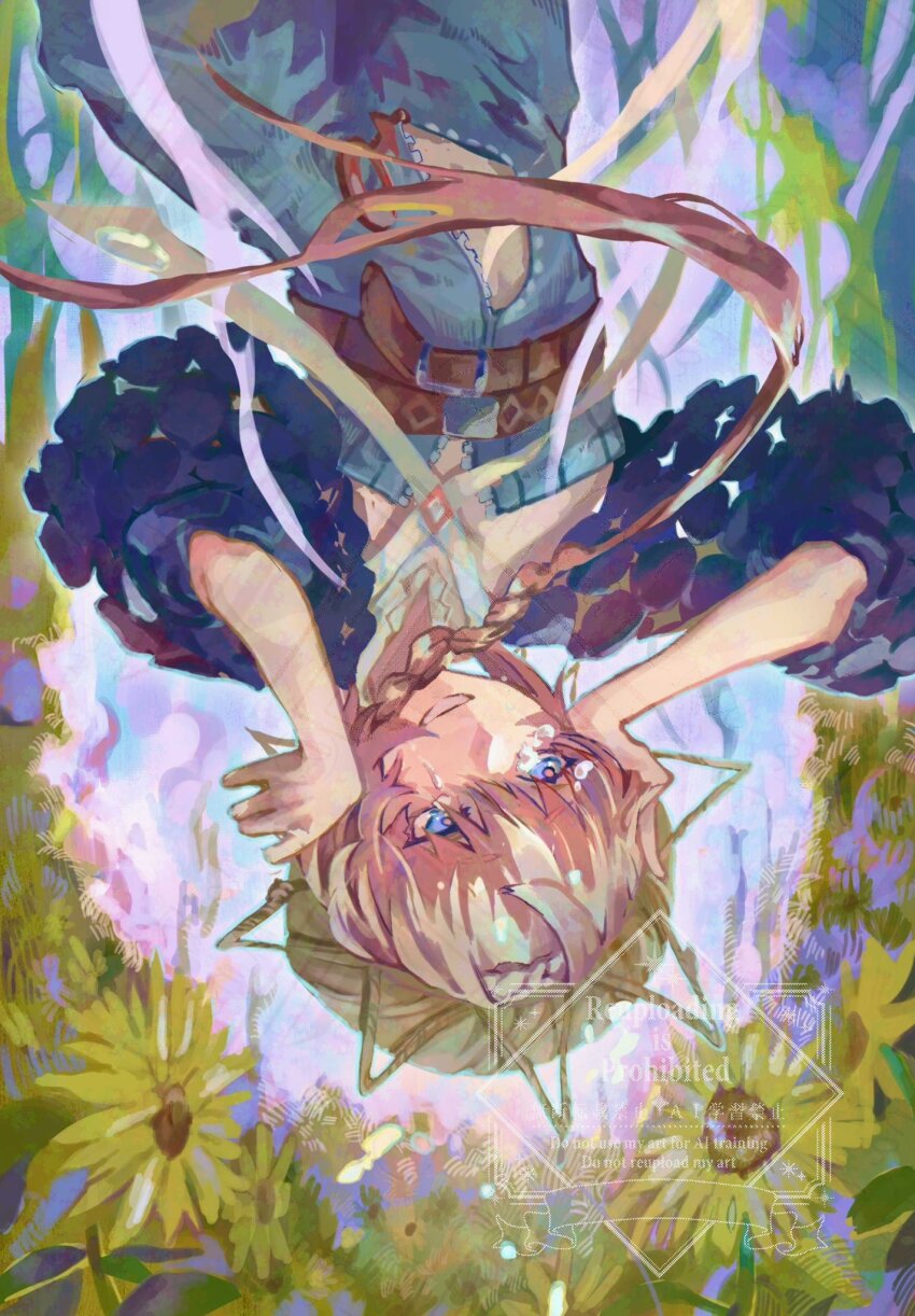 1girl blue_eyes braid commentary_request crying crying_with_eyes_open fate/grand_order fate_(series) flower hands_on_own_face highres long_hair nana7hishimeku orange_hair smile solo sunflower tears upside-down van_gogh_(fate)