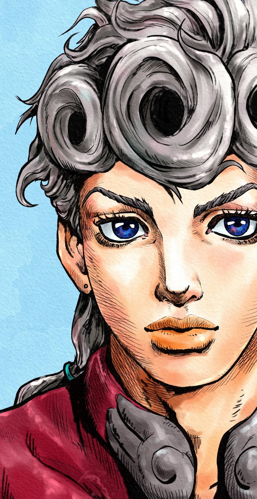 1boy araki_hirohiko_(style) blue_background blue_eyes braid closed_mouth commentary_request earrings giorno_giovanna grey_hair hair_tie hatching_(texture) high_collar highres jacket jewelry jojo_no_kimyou_na_bouken kaib0y looking_at_viewer male_focus orange_lips portrait red_jacket solo stud_earrings traditional_media vento_aureo wing_ornament
