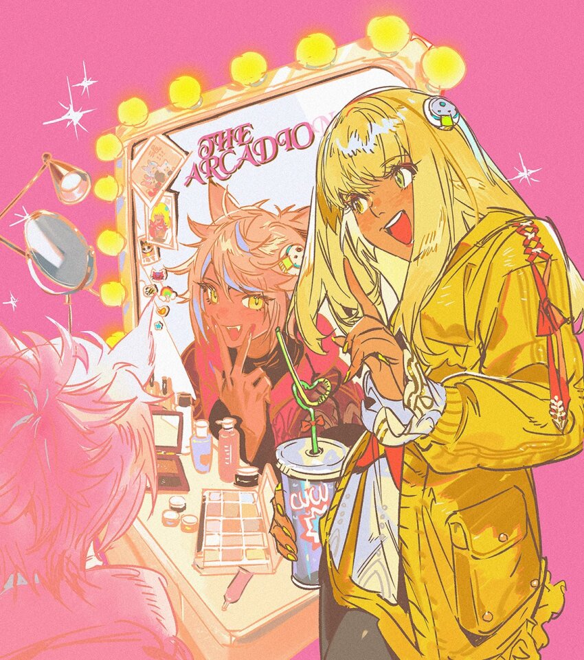 2girls :d animal_ears blonde_hair cat_ears cat_girl crazy_straw dark-skinned_female dark_skin drink drinking_straw fangs final_fantasy final_fantasy_xiv green_eyes heart_straw heterochromia hex_6shui highres holding holding_drink honey_b._lovely hyur jacket long_hair makeup miqo&#039;te mirror multicolored_hair multiple_girls open_mouth pink_background pink_hair pink_nails short_hair smile streaked_hair table teeth upper_teeth_only vanity_table yaana_(ff14) yellow_eyes yellow_jacket yellow_nails
