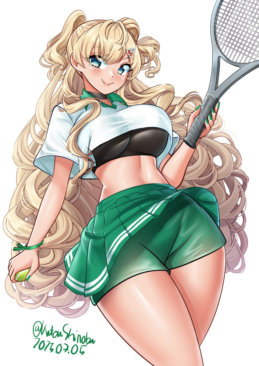 1girl absurdres ball blonde_hair commentary_request contrast_collar covered_underboob dated green_shorts green_skirt grey_eyes highres holding holding_ball holding_tennis_racket kantai_collection katou_shinobu long_hair looking_at_viewer minneapolis_(kancolle) minneapolis_(tennis)_(kancolle) official_alternate_costume one-hour_drawing_challenge pleated_skirt polo_shirt racket shirt shorts shorts_under_skirt simple_background skirt smile solo sports_bra sportswear tennis_ball tennis_racket tennis_skirt tennis_uniform twitter_username two_side_up wavy_hair white_background white_shirt