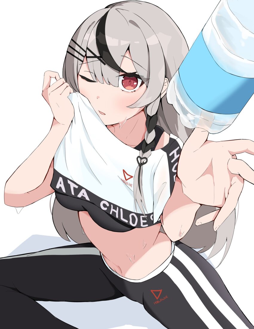 1girl bottle braid commentary commentary_request grey_hair hair_between_eyes hair_ornament highres hololive logo long_hair looking_at_viewer multicolored_hair navel one_eye_closed outstretched_hand pants red_eyes sakamata_chloe simple_background sitting solo sports_bra stomach streaked_hair sweat thoris39 virtual_youtuber water_bottle white_background wiping_face wiping_sweat workout_clothes x_hair_ornament