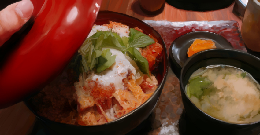 bowl commentary_request fingernails food food_focus highres katsudon_(food) miso_soup original photorealistic realistic shizui_fen soup table vegetable