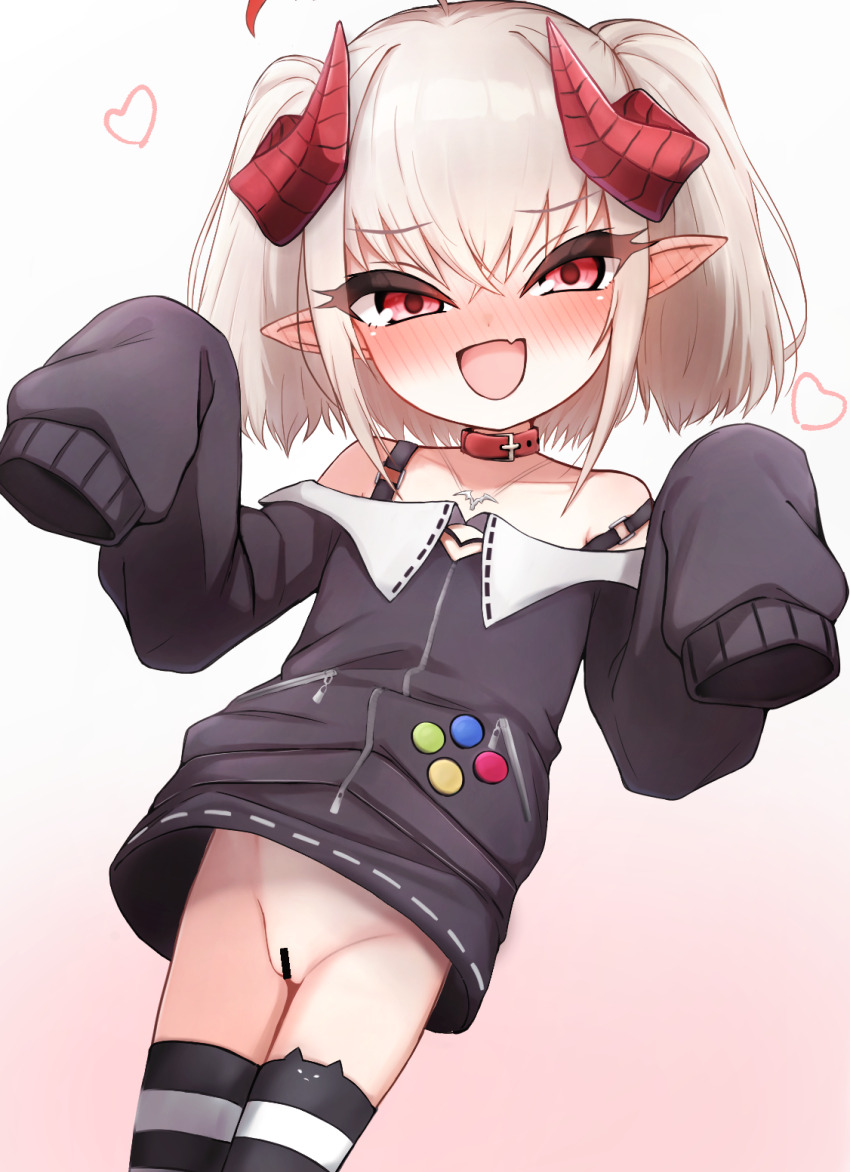 1girl ahoge animal_ear_legwear bar_censor blush cat_ear_legwear censored collar commentary_request demon_horns highres horns huucha_(cpaf5377) loli looking_at_viewer makaino_ririmu nijisanji no_panties open_mouth paid_reward_available pointy_ears red_eyes sleeves_past_fingers sleeves_past_wrists smile solo striped_clothes striped_thighhighs thighhighs variant_set