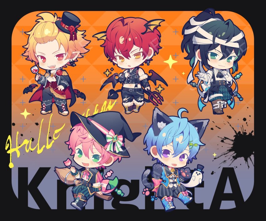 5boys :3 :d :o :p ahoge animal_ears animal_hands argyle_clothes argyle_pants arm_warmers ascot back_bow bandaged_hand bandaged_head bandages bangs_pinned_back bat_(animal) bat_earrings beckoning bell belt_buckle black_ascot black_border black_cape black_footwear black_hair black_hat black_jacket black_nails black_pants black_skirt blonde_hair blue_footwear blue_hair blue_jacket bolo_tie boots border boutonniere bow brooch broom broom_riding brown_footwear buckle buttoned_cuffs buttons candy cape capelet cat_boy cat_ears cat_tail chibi chibi_only claw_pose closed_mouth collar copyright_name cropped_jacket cross cross_earrings cup demon_boy demon_tail demon_wings double-breasted drinking_glass earrings epaulettes fangs flipped_hair flower fold-over_boots food footwear_bow fur-trimmed_boots fur_trim gem ghost gloves gradient_background green_eyes green_gemstone green_hair green_pants hair_between_eyes hair_ornament halloween halloween_costume hand_on_own_hip hand_up hat hat_bow hat_flower head_wings high-waist_pants holding holding_candy holding_cup holding_food holding_lollipop holding_polearm holding_weapon jacket jewelry knight_a lace-up_boots leaf_hair_ornament lollipop long_hair long_sleeves looking_at_viewer mahito_(utaite) male_focus mandarin_collar midriff mini_hat mini_top_hat multicolored_hair multiple_boys mummy_costume nail_polish neck_bell neck_ribbon official_art open_mouth orange_background pants pants_under_skirt paw_gloves paw_print pink_bow pink_capelet pink_hair pink_ribbon pointy_ears polearm ponytail puffy_pants purple_eyes red_background red_cape red_collar red_eyes red_flower red_hair red_rose red_vest ribbon rose sample_watermark shirt shiyun_(utaite) short_hair showgirl_skirt sidesaddle skirt sleeve_cuffs sleeveless sleeveless_jacket smile soma_(utaite) standing streaked_hair striped_bow striped_clothes striped_pants suspenders tail tail_bow tail_ornament teruto_(utaite) tongue tongue_out top_hat trident two-sided_cape two-sided_fabric utaite v-shaped_eyebrows vampire_costume vau_(utaite) vertical-striped_clothes vertical-striped_pants vest watermark weapon white_ascot white_bow white_shirt wine_glass wings witch_hat wrapped_candy yellow_eyes yellow_wings yumenouchi_chiharu