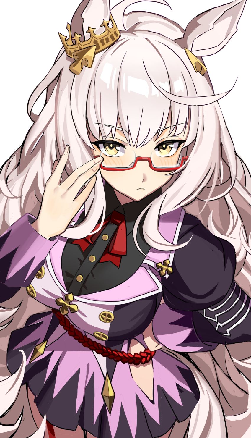 1girl absurdres ahoge animal_ears biwa_hayahide_(pf._winning_equation...)_(umamusume) biwa_hayahide_(umamusume) blush breasts closed_mouth clothing_cutout commentary crown ear_ornament franz2543 glasses grey_hair hair_between_eyes highres hip_vent horse_ears horse_girl horse_tail jacket large_breasts long_hair long_sleeves looking_at_viewer purple_jacket purple_skirt red-framed_eyewear semi-rimless_eyewear simple_background skirt solo tail umamusume under-rim_eyewear white_background white_hair yellow_eyes