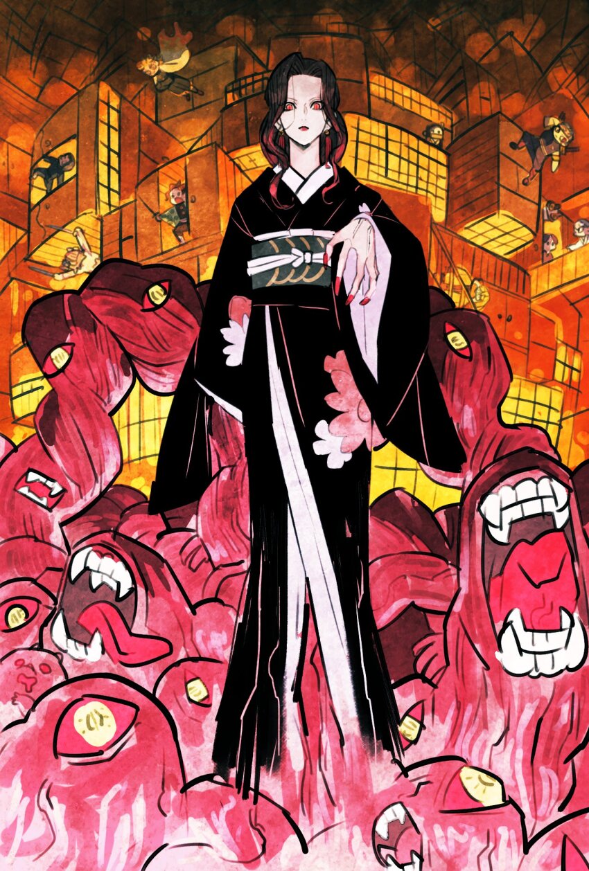 3girls 6+girls agatsuma_zenitsu black_hair black_kimono demon_girl hashibira_inosuke highres japanese_clothes kamado_nezuko kamado_tanjirou kibutsuji_muzan kibutsuji_muzan_(female) kimetsu_no_yaiba kimono looking_at_viewer monster multiple_girls murata_(kimetsu_no_yaiba) red_eyes rengoku_kyoujurou takeuchi_ryousuke tamayo_(kimetsu_no_yaiba) uzui_tengen yushiro_(kimetsu_no_yaiba)